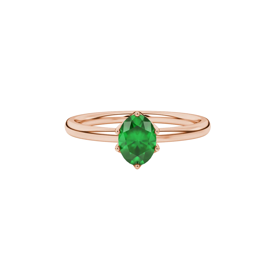Close-up, oval cut emerald green gemstone ring, rose gold scalloped six prong setting.