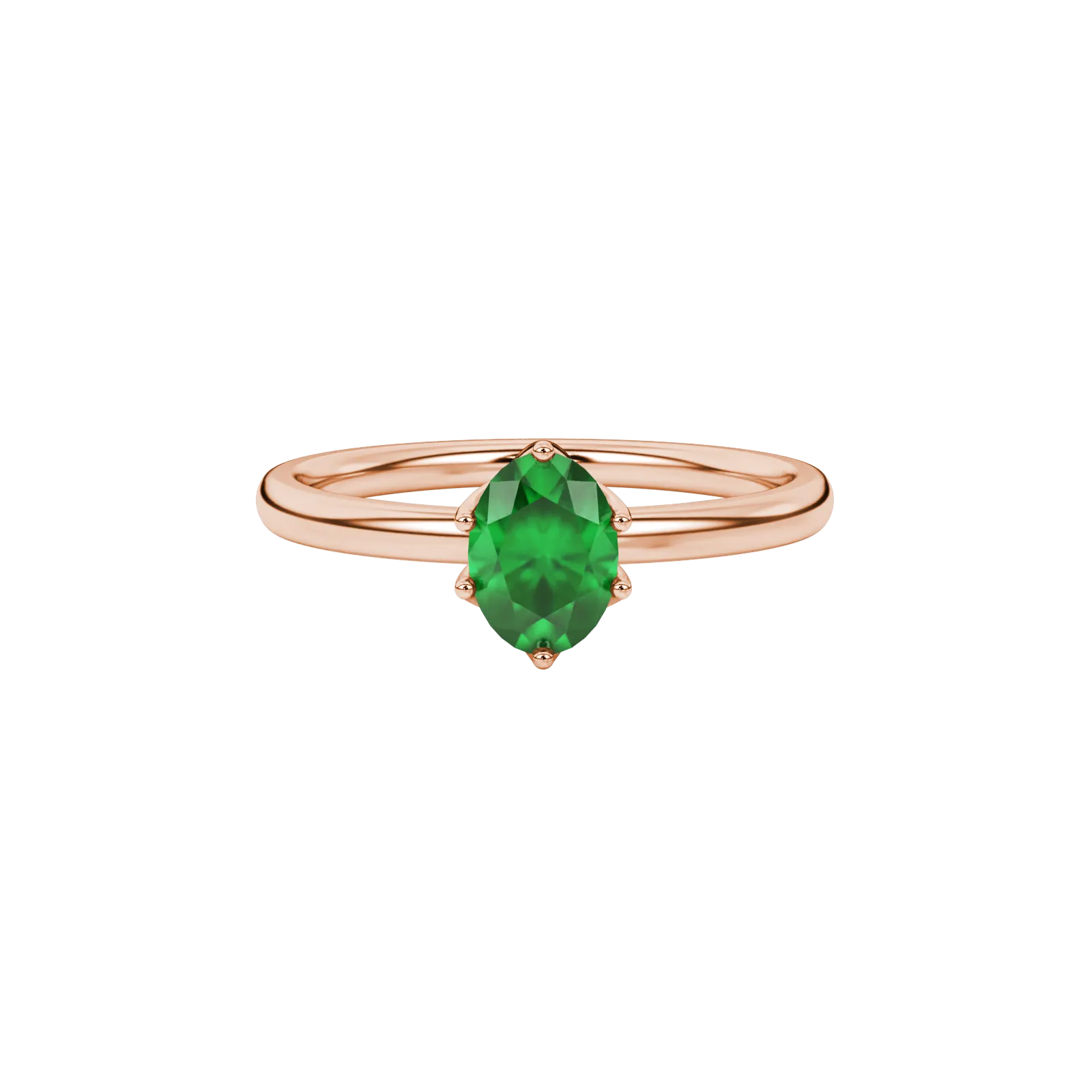 Close-up, oval cut emerald green gemstone ring, rose gold scalloped six prong setting.