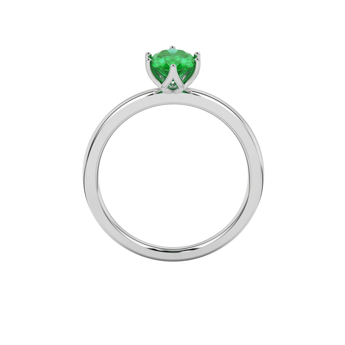Oval cut emerald green gemstone ring, white gold scalloped six prong setting.