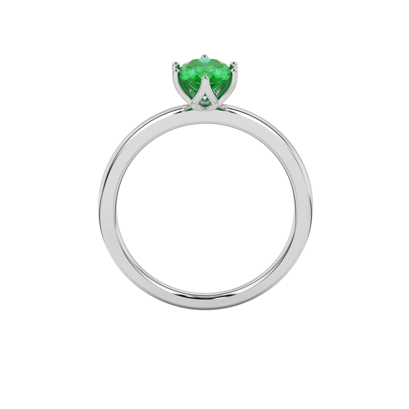 Oval cut emerald green gemstone ring, white gold scalloped six prong setting.
