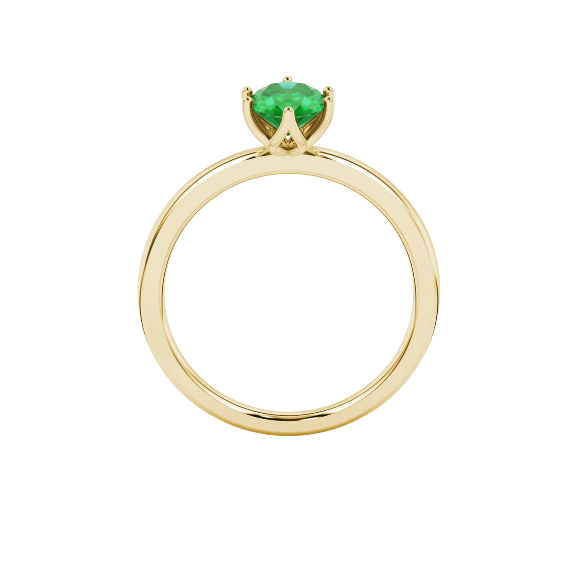 Oval cut emerald green gemstone ring, yellow gold scalloped six prong setting.