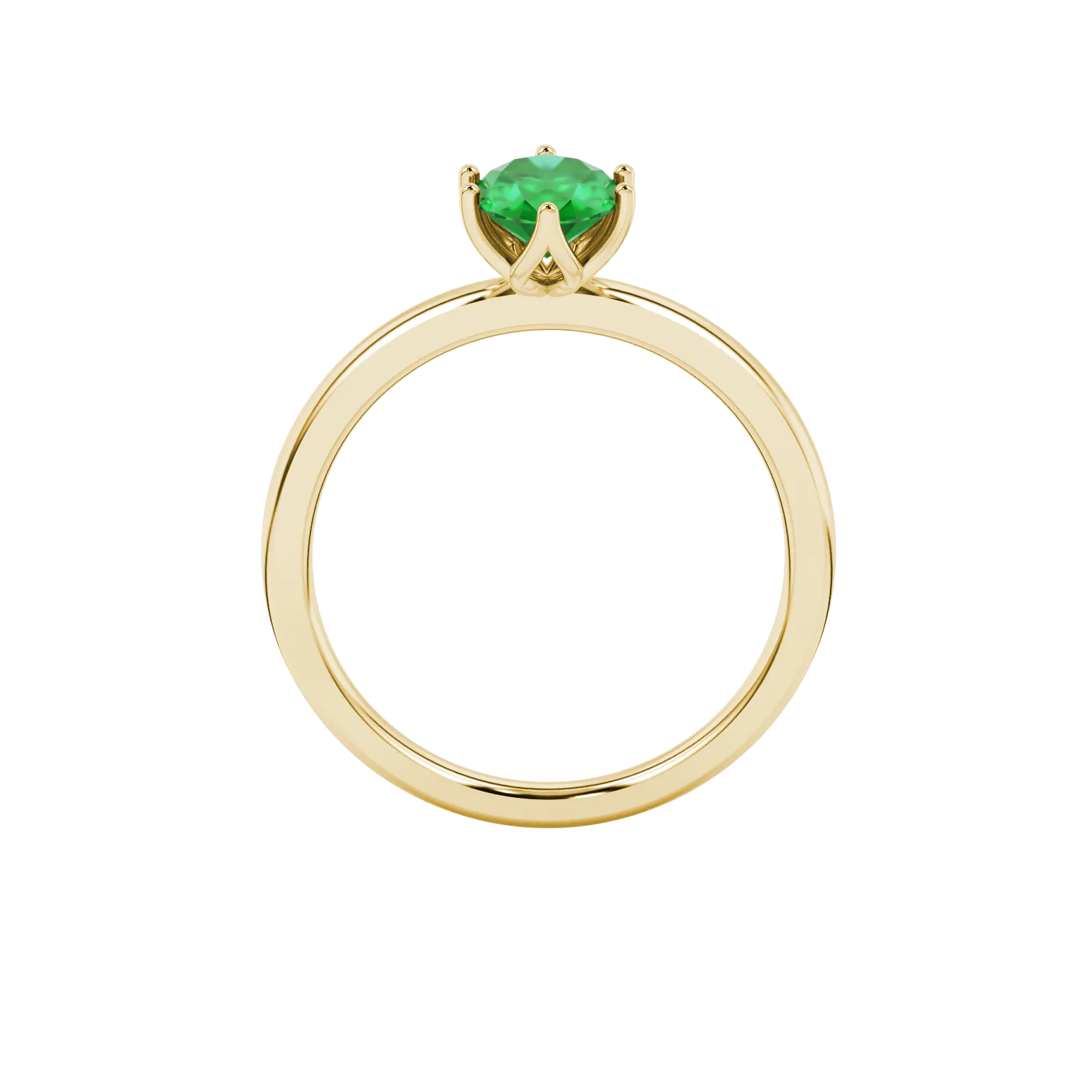 Oval cut emerald green gemstone ring, yellow gold scalloped six prong setting.