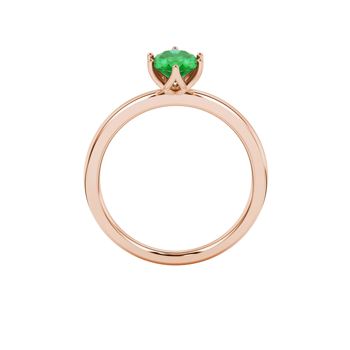 Oval cut emerald green gemstone ring, rose gold scalloped six prong setting.
