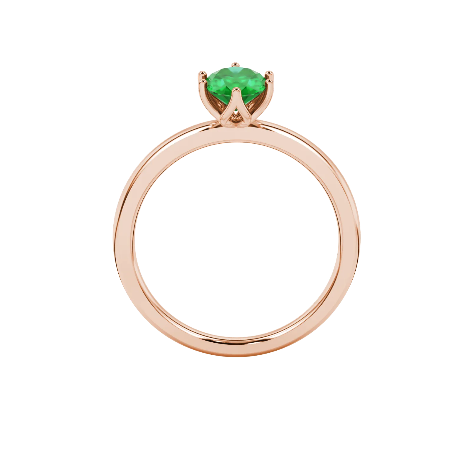 Oval cut emerald green gemstone ring, rose gold scalloped six prong setting.