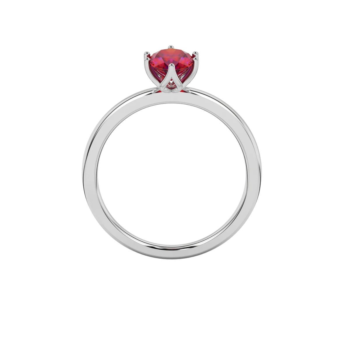 Oval cut raspberry red gemstone ring, white gold scalloped six prong setting.