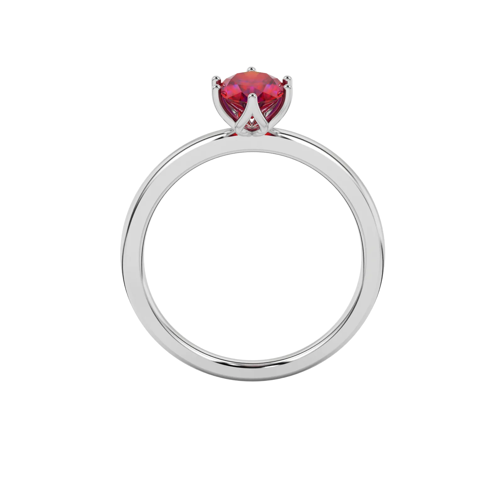 Oval cut raspberry red gemstone ring, white gold scalloped six prong setting.