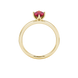 Oval cut raspberry red gemstone ring, yellow gold scalloped six prong setting.