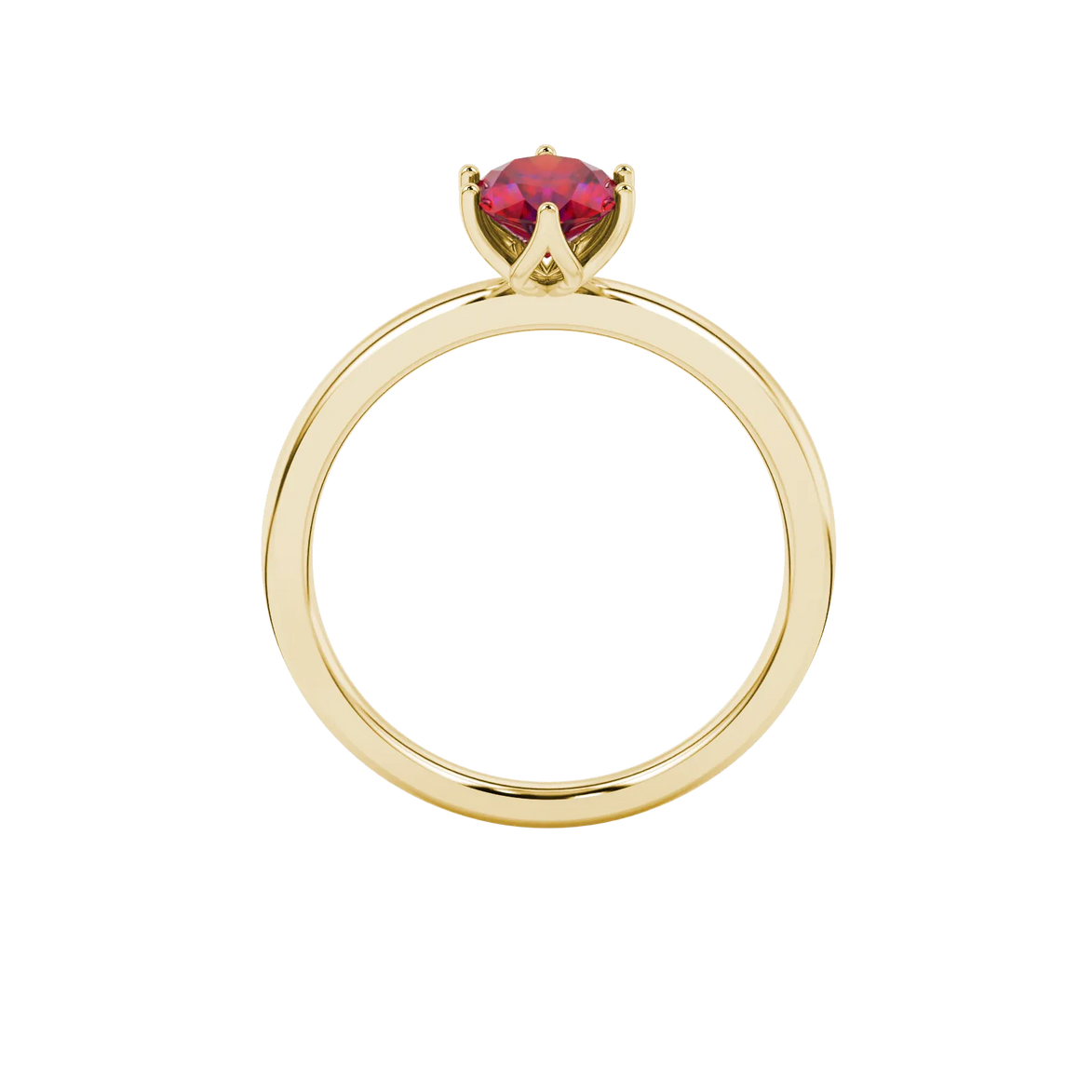 Oval cut raspberry red gemstone ring, yellow gold scalloped six prong setting.