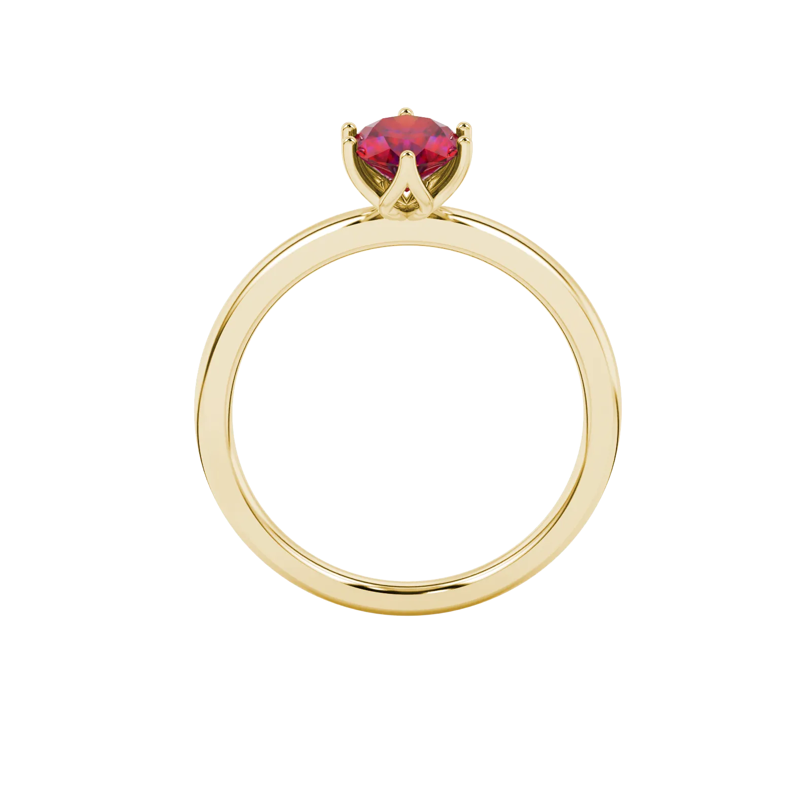 Oval cut raspberry red gemstone ring, yellow gold scalloped six prong setting.
