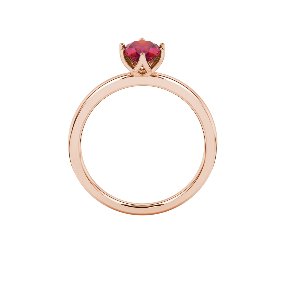Oval cut raspberry red gemstone ring, rose gold scalloped six prong setting.