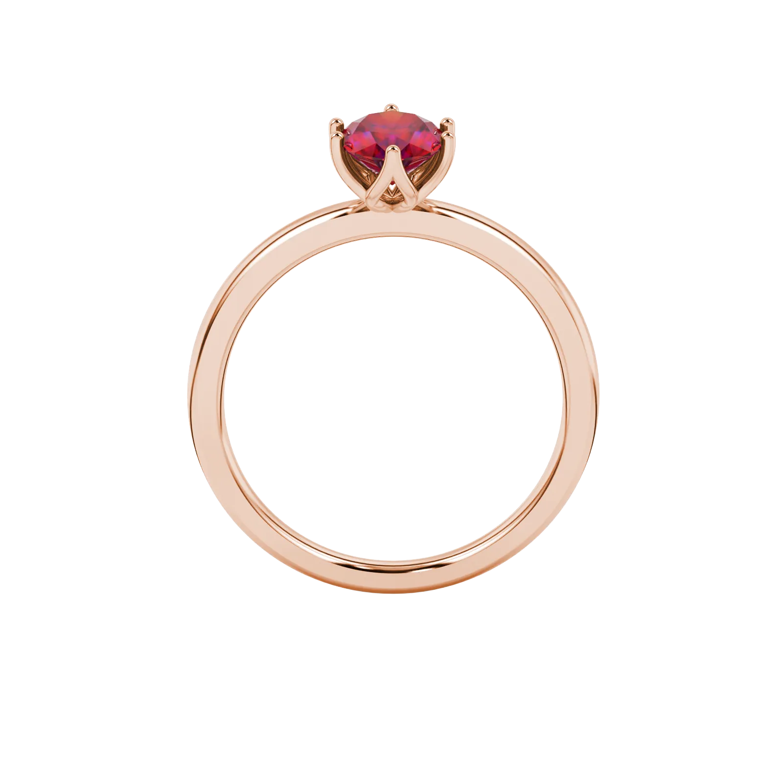 Oval cut raspberry red gemstone ring, rose gold scalloped six prong setting.