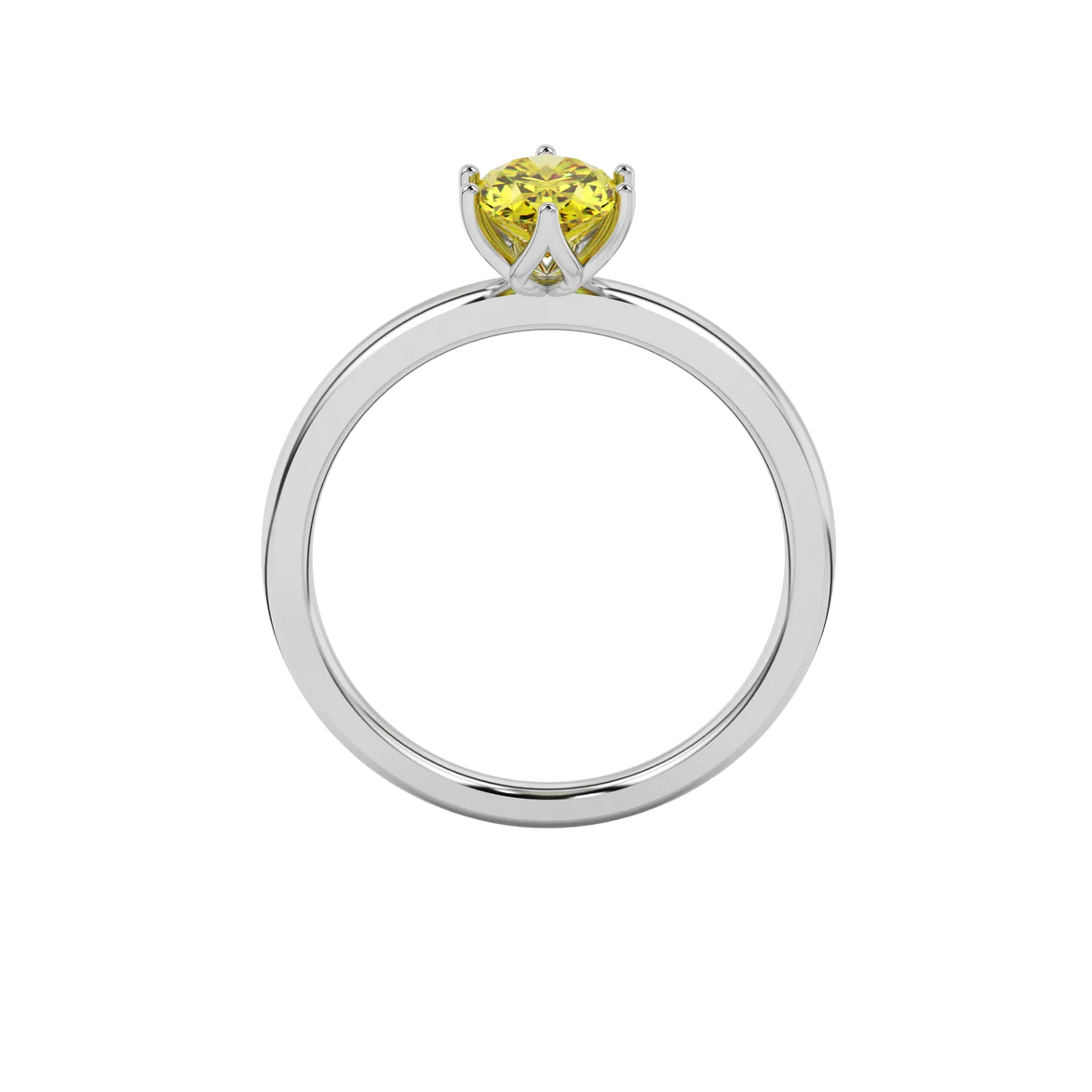 Oval cut canary yellow gemstone ring, white gold scalloped six prong setting.