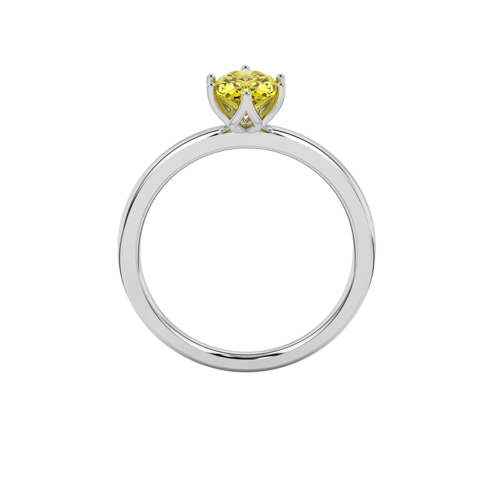 Oval cut canary yellow gemstone ring, white gold scalloped six prong setting.
