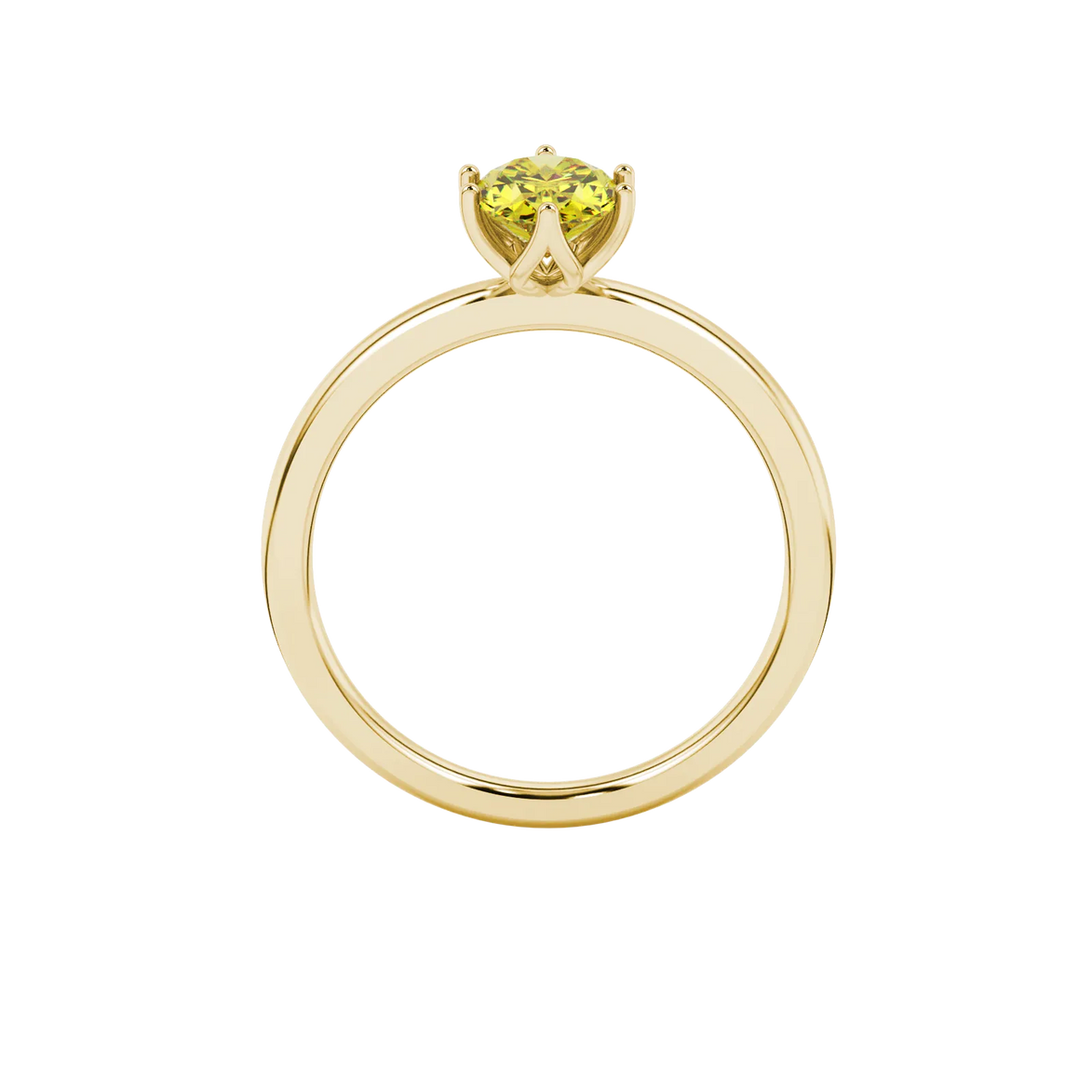 Side profile, yellow gold canary yellow ring, scalloped six prong gallery.