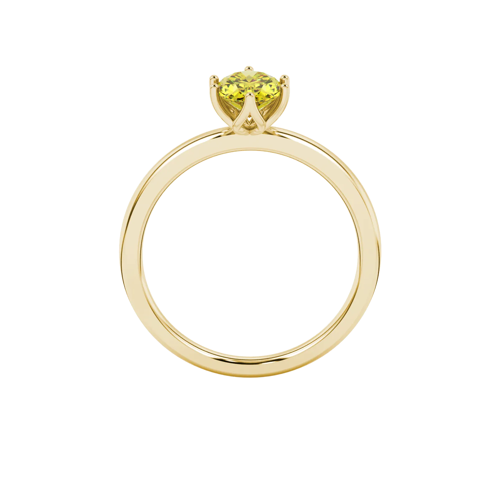 Side profile, yellow gold canary yellow ring, scalloped six prong gallery.