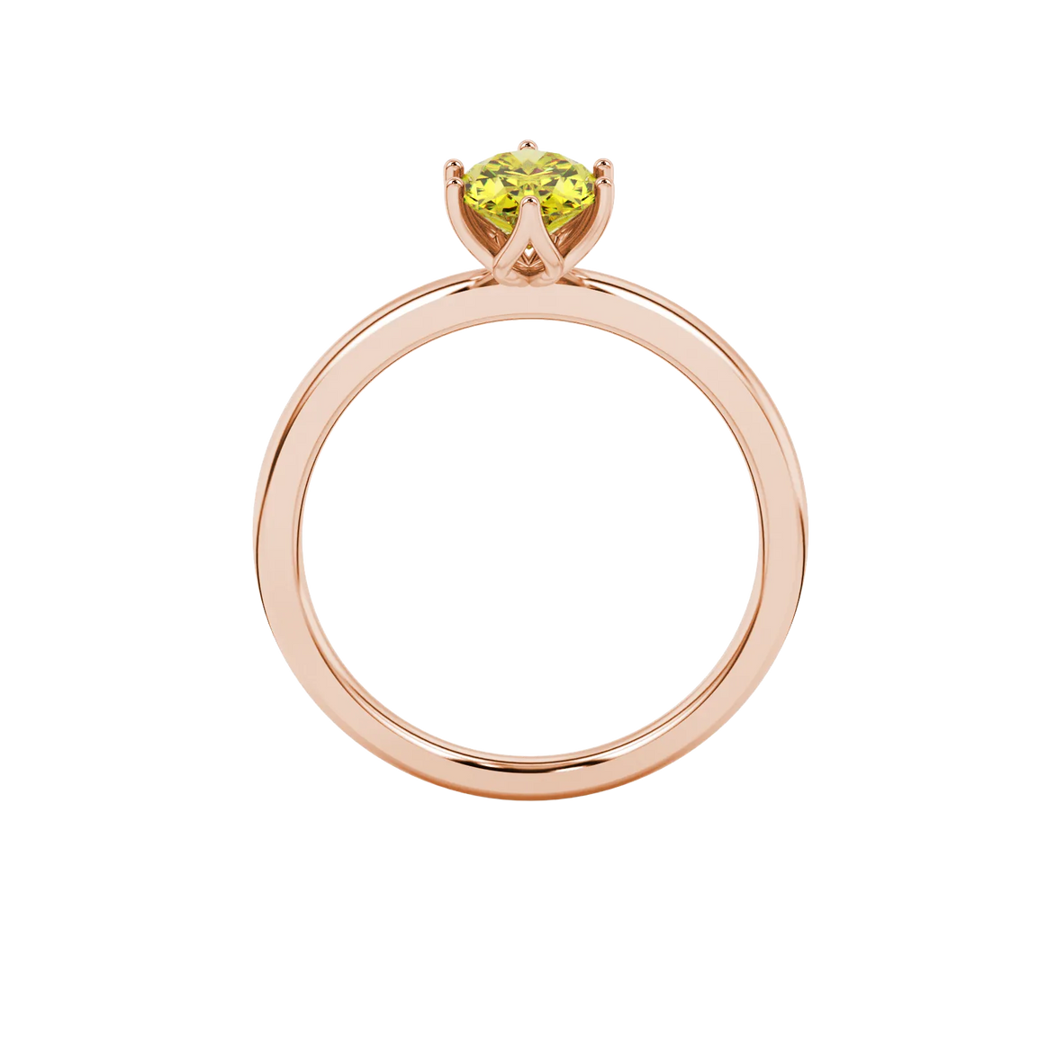 Oval cut canary yellow gemstone ring, rose gold scalloped six prong setting.