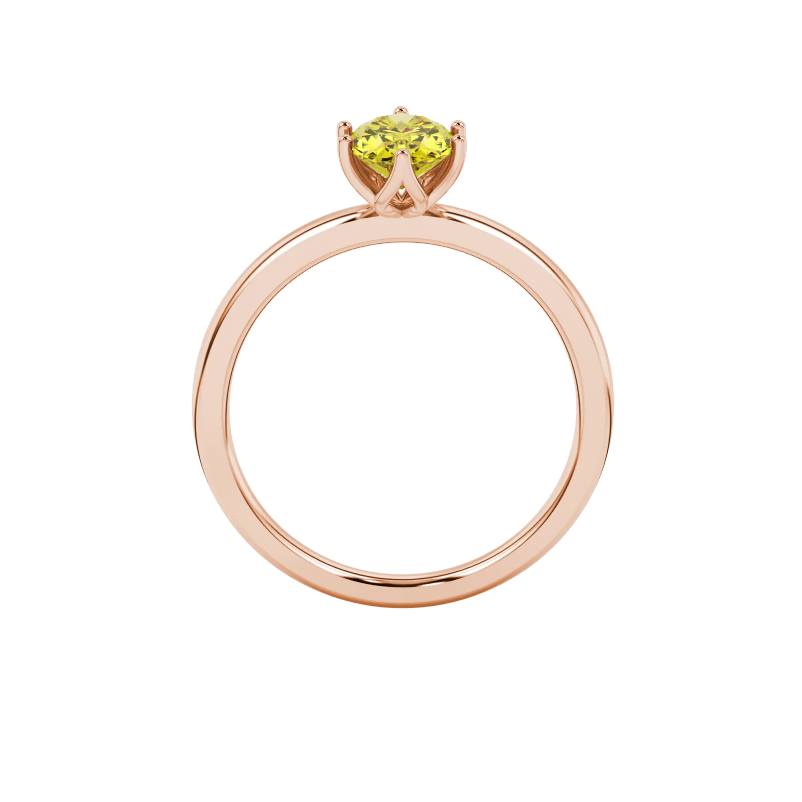 Oval cut canary yellow gemstone ring, rose gold scalloped six prong setting.