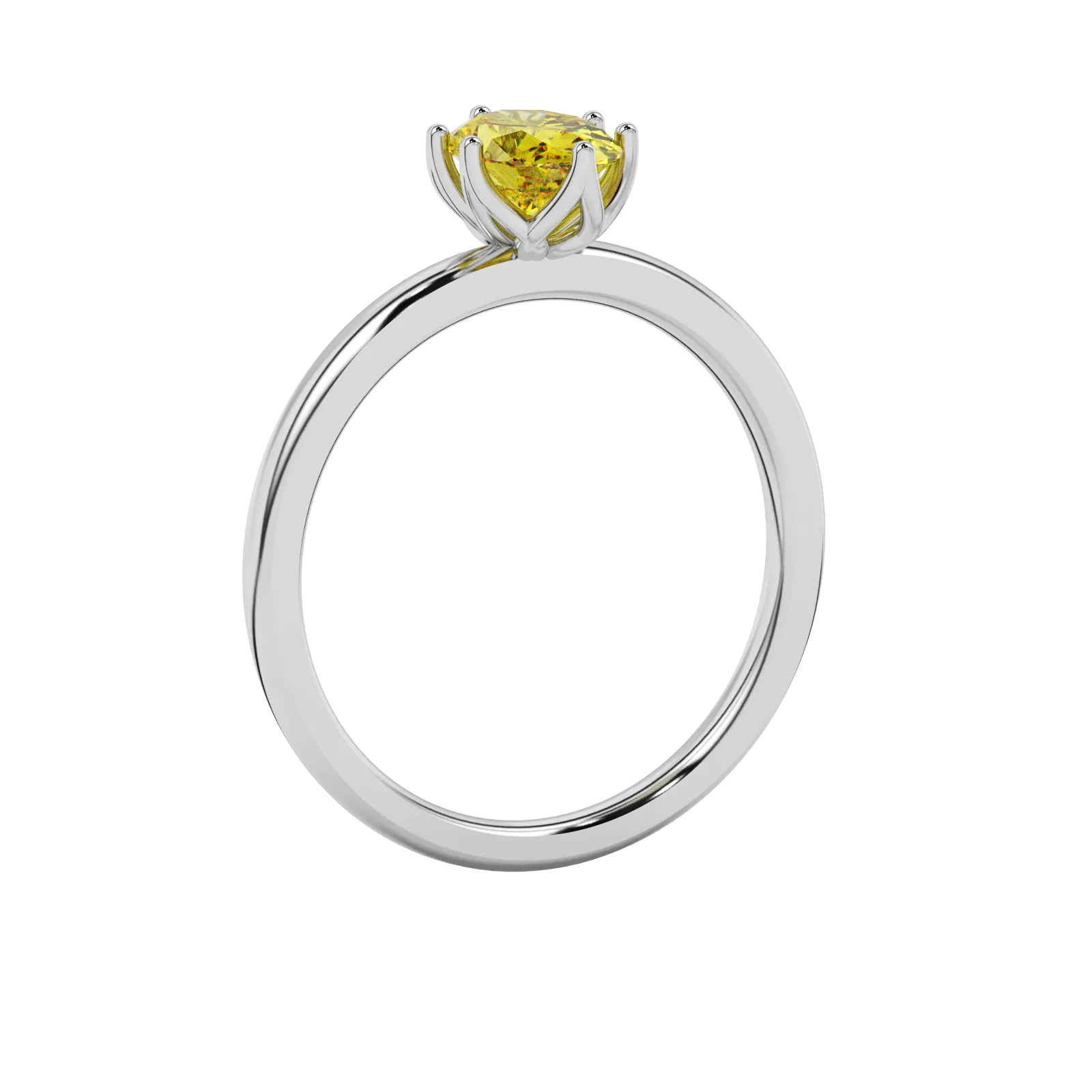 Side profile, white gold canary yellow ring, scalloped six prong gallery.