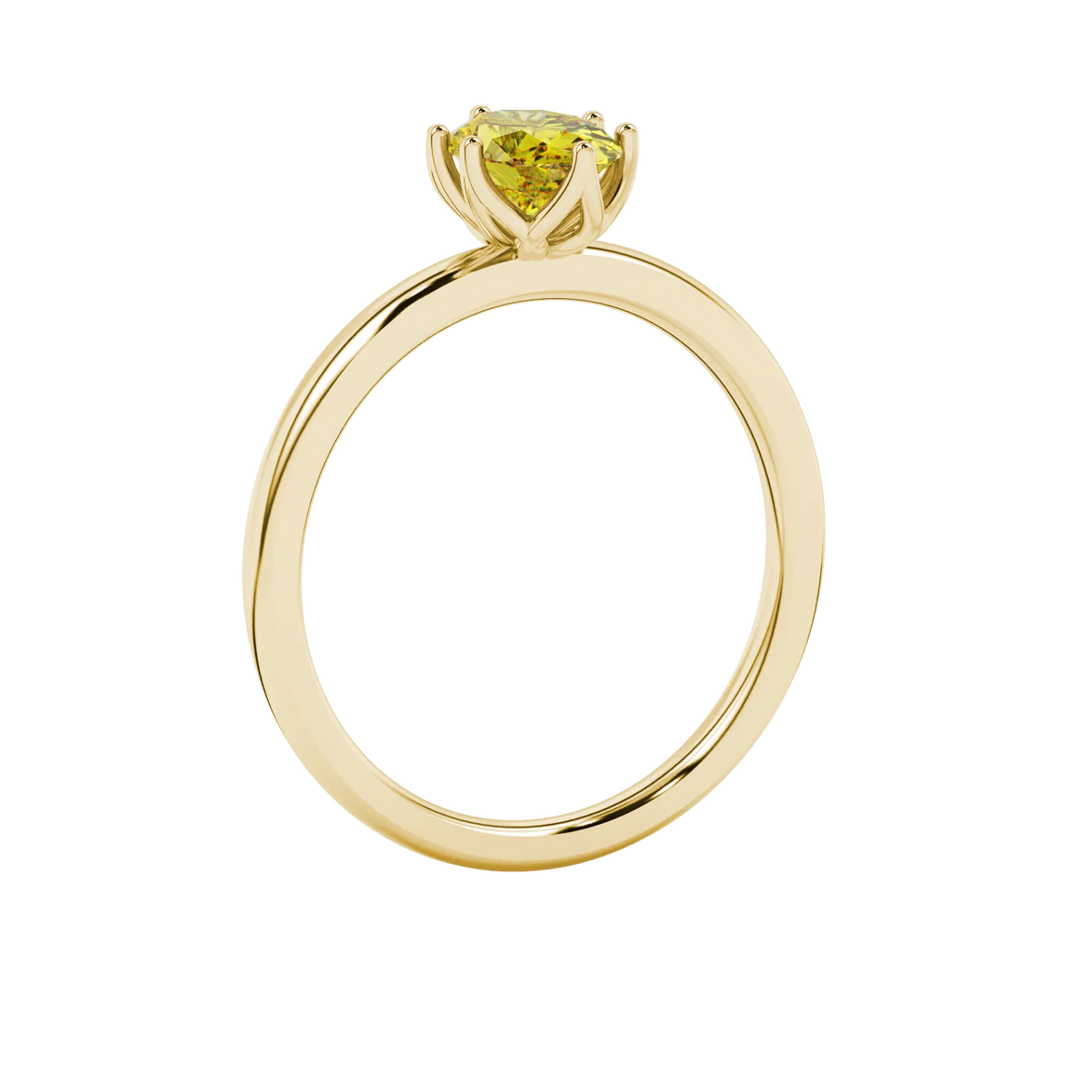 Oval cut canary yellow gemstone ring, yellow gold scalloped six prong setting.