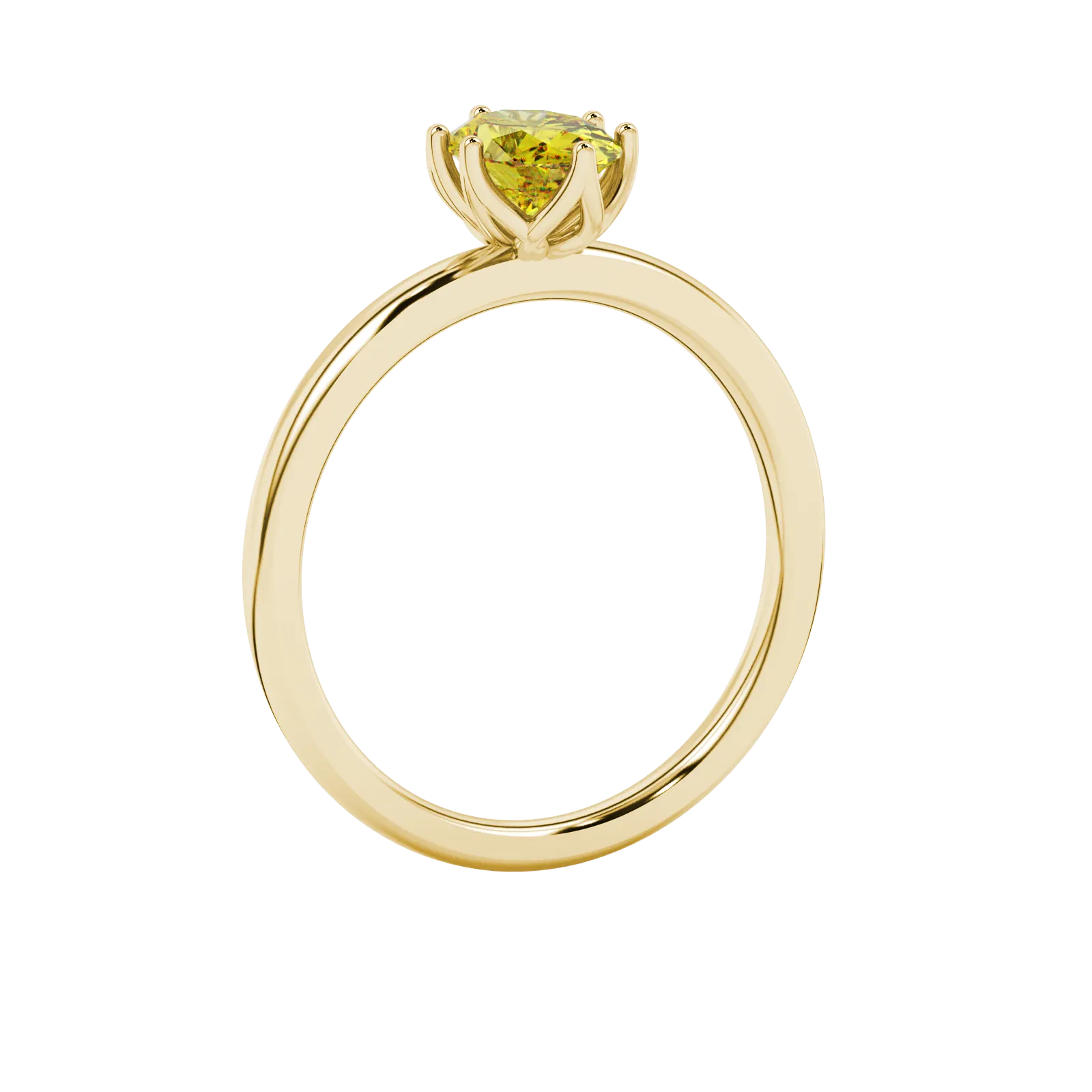 Oval cut canary yellow gemstone ring, yellow gold scalloped six prong setting.