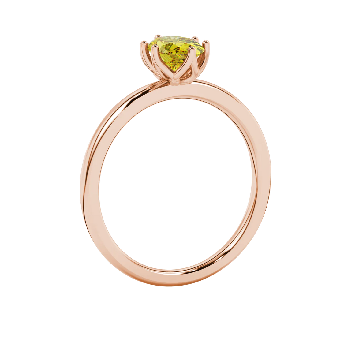 Side profile, rose gold canary yellow ring, scalloped six prong gallery.