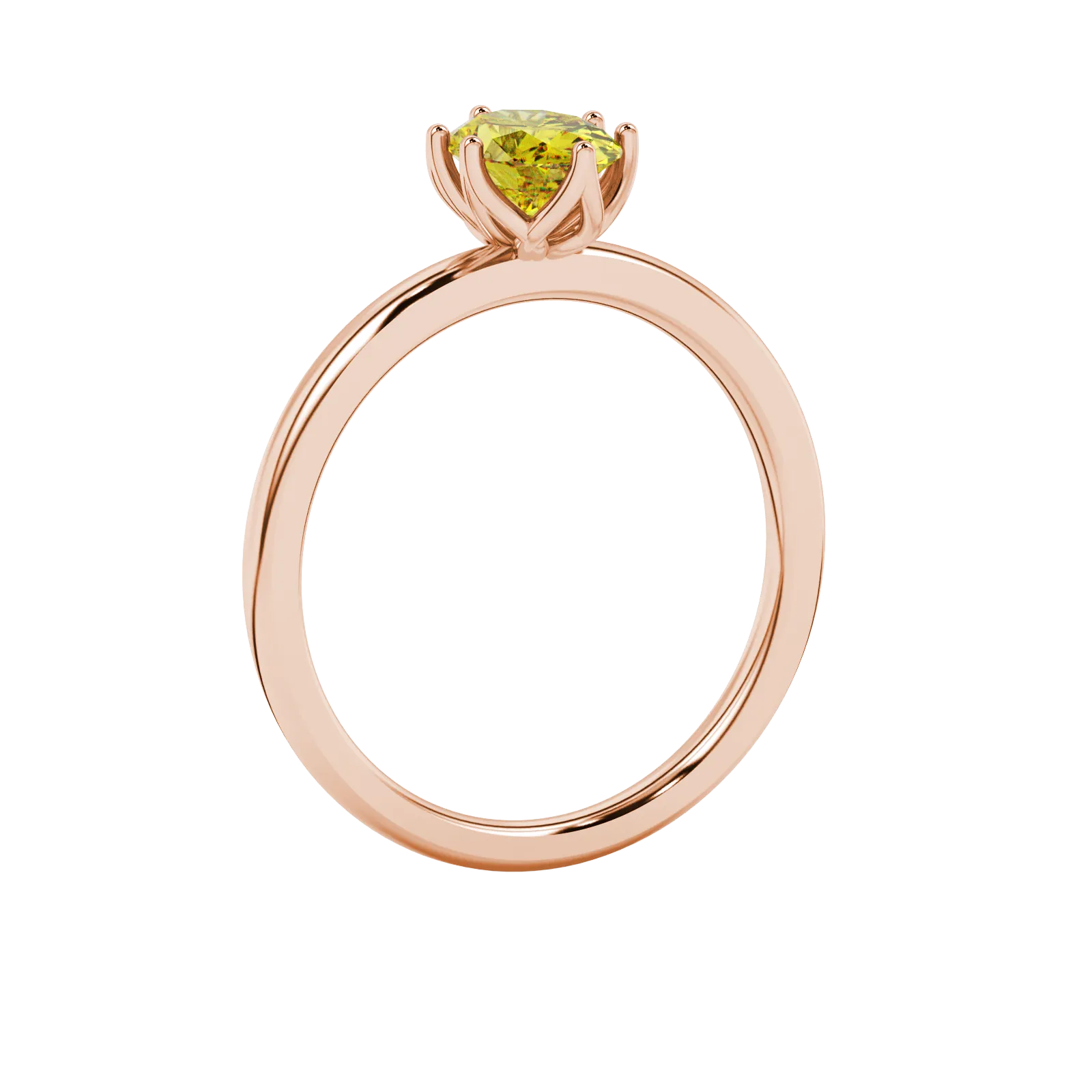 Side profile, rose gold canary yellow ring, scalloped six prong gallery.