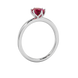 Side profile, white gold raspberry red ring, scalloped six prong gallery.