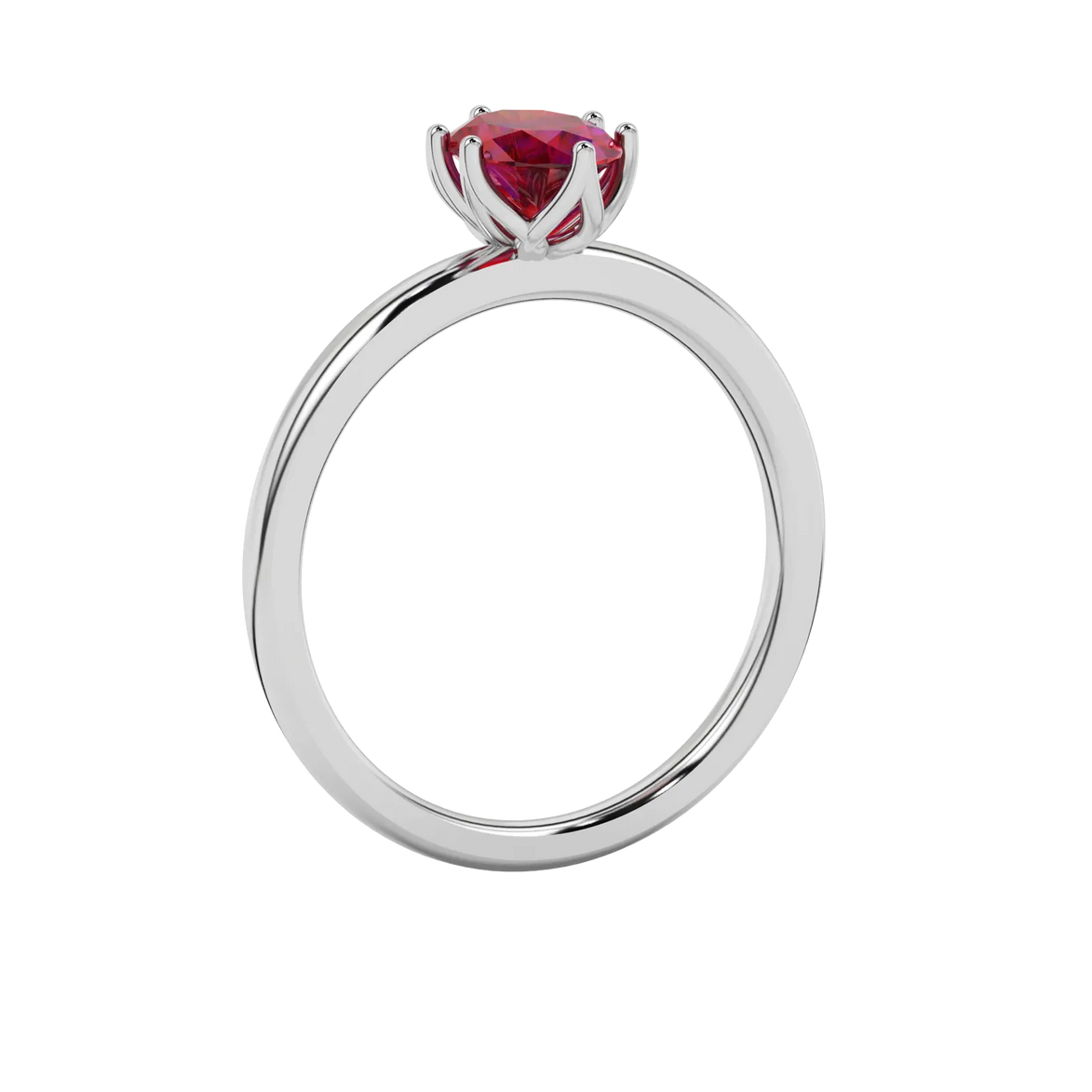 Side profile, white gold raspberry red ring, scalloped six prong gallery.