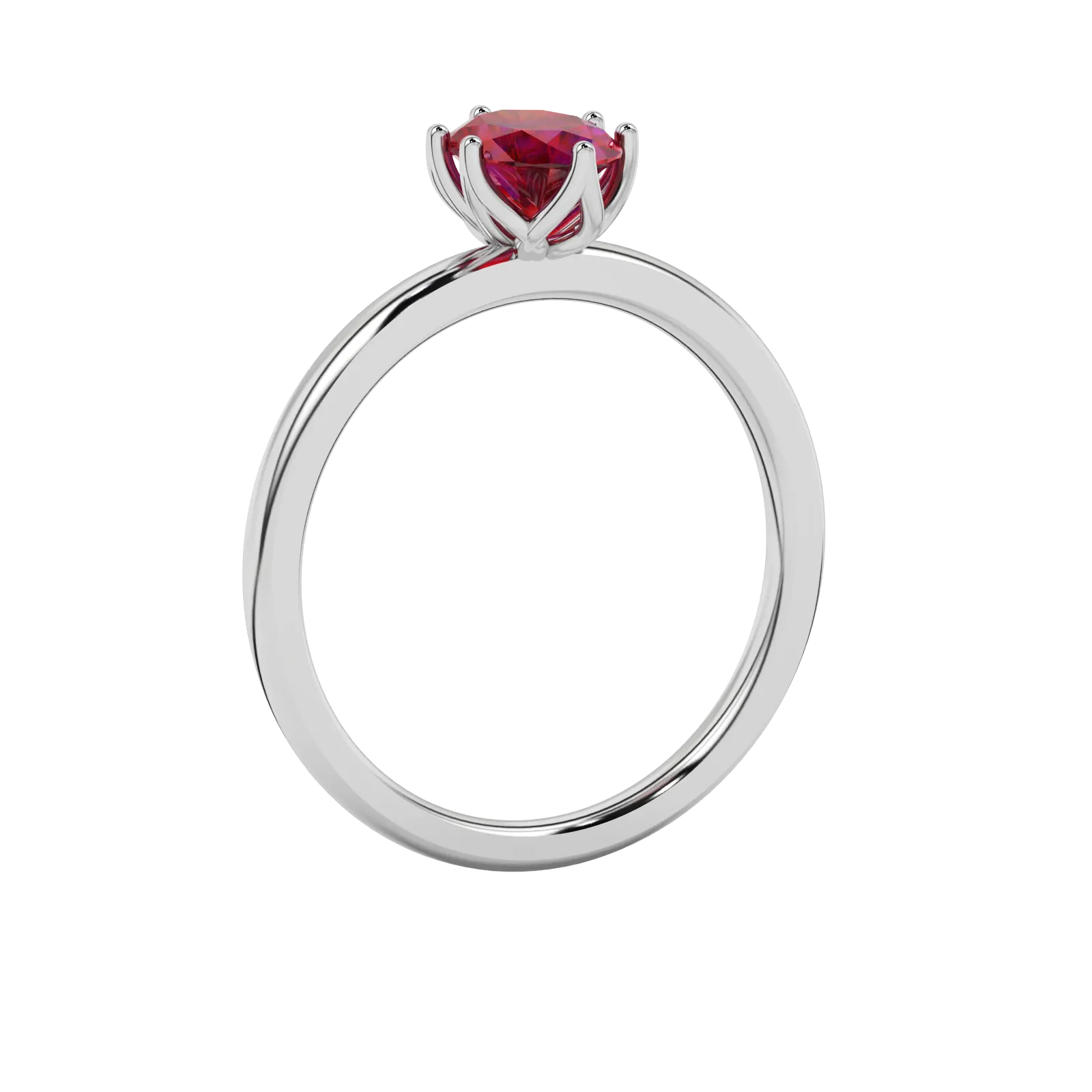 Side profile, white gold raspberry red ring, scalloped six prong gallery.