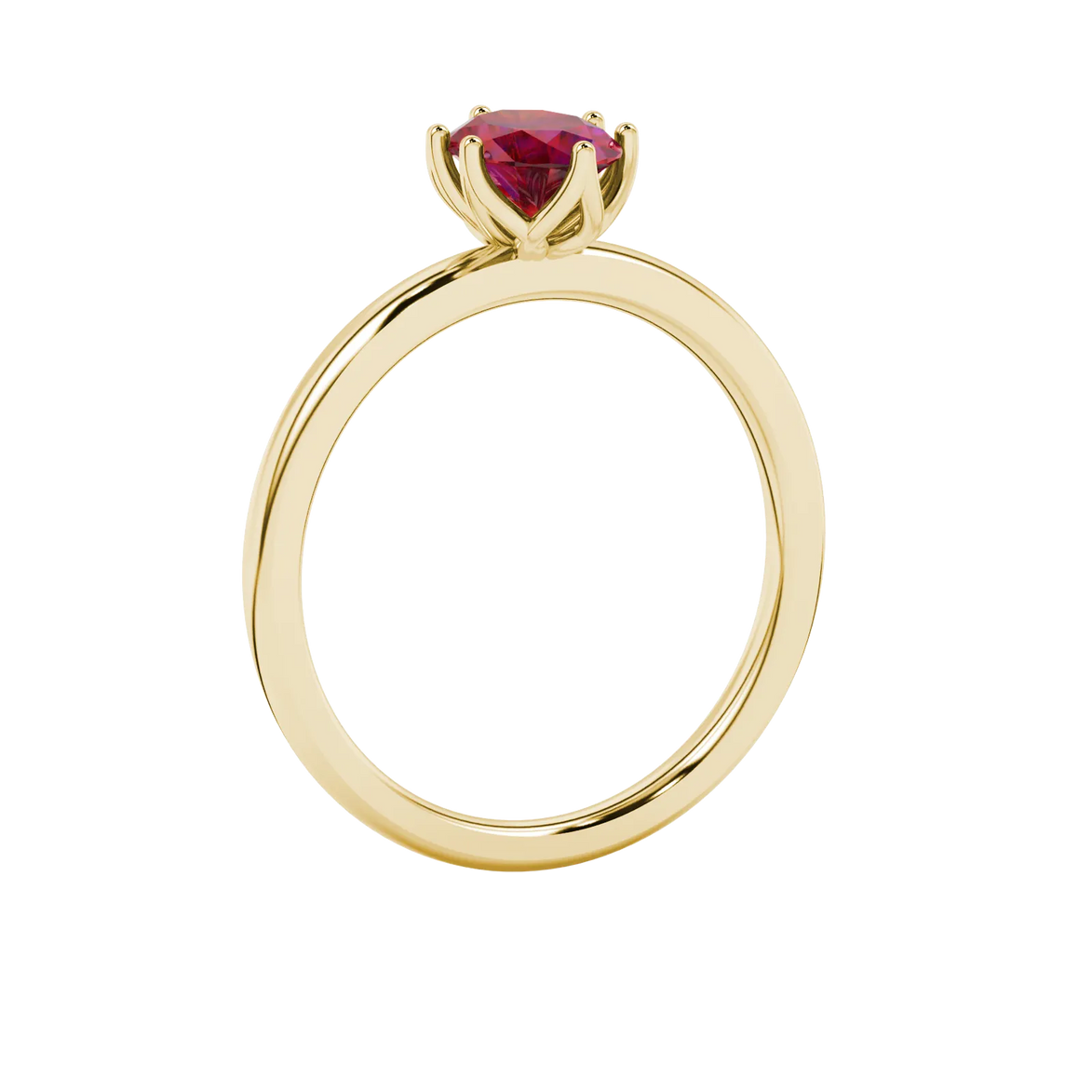 Side profile, yellow gold raspberry red ring, scalloped six prong gallery.