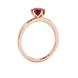 Side profile, rose gold raspberry red ring, scalloped six prong gallery.