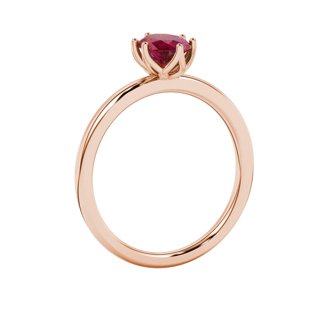 Side profile, rose gold raspberry red ring, scalloped six prong gallery.