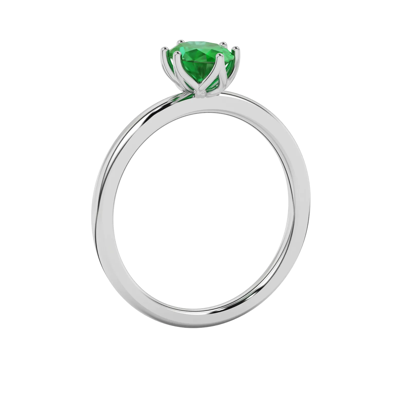 Side profile, white gold emerald green ring, scalloped six prong gallery.