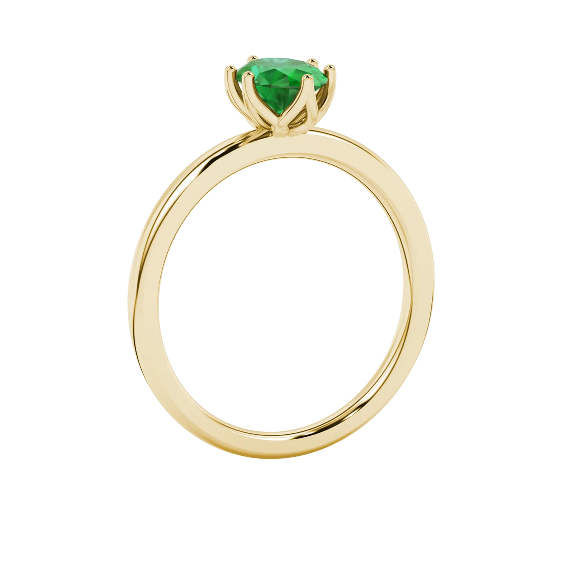 Side profile, yellow gold emerald green ring, scalloped six prong gallery.