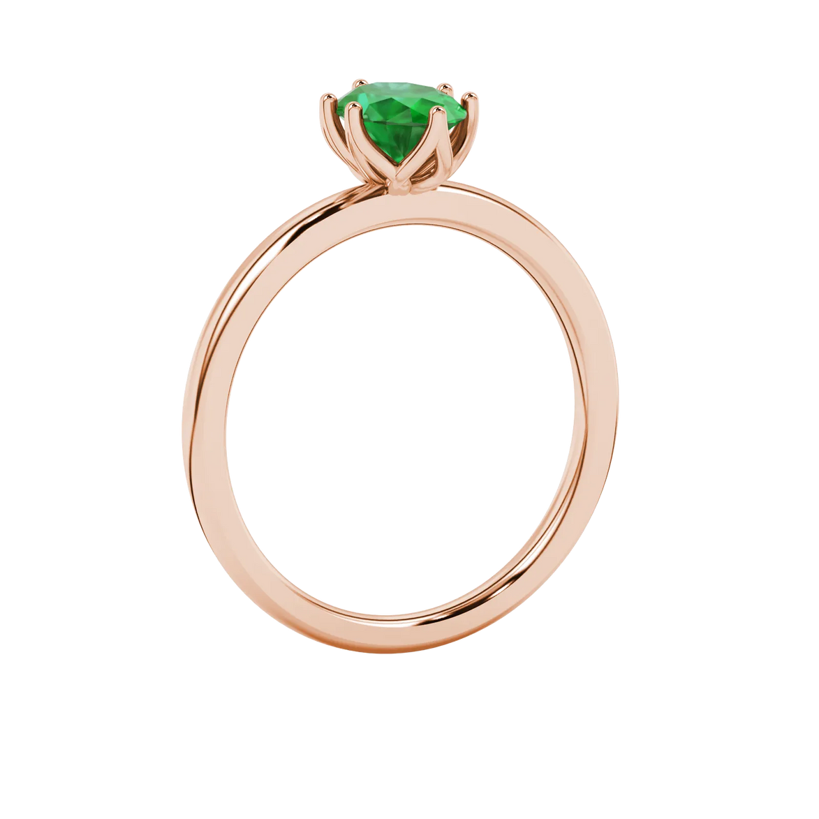 Side profile, rose gold emerald green ring, scalloped six prong gallery.