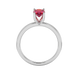 Oval cut raspberry red gemstone ring, white gold surprise diamond setting.