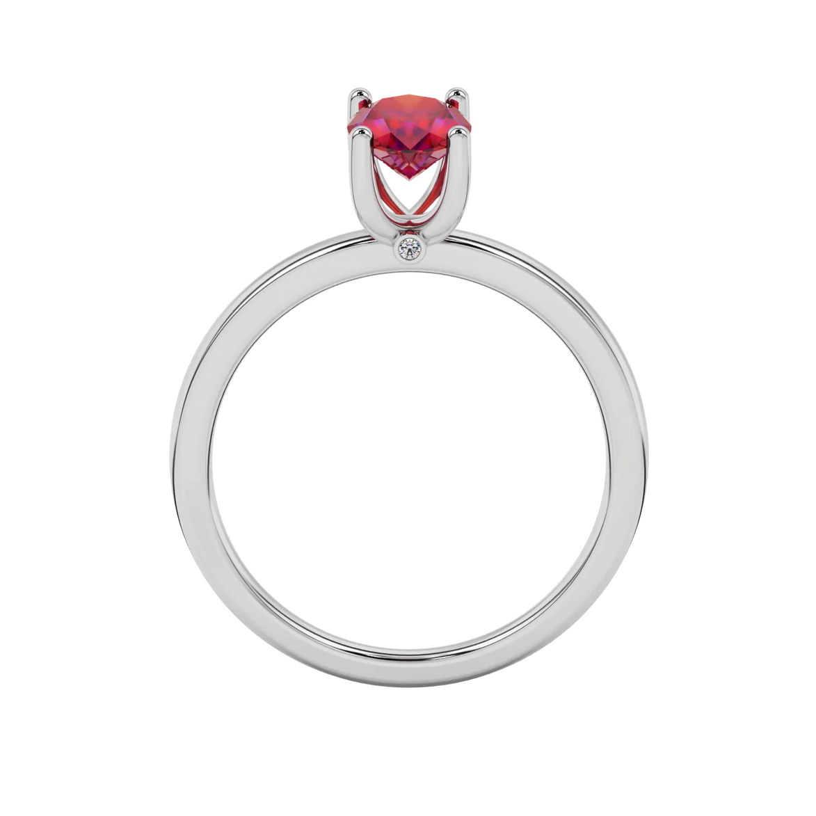 Oval cut raspberry red gemstone ring, white gold surprise diamond setting.