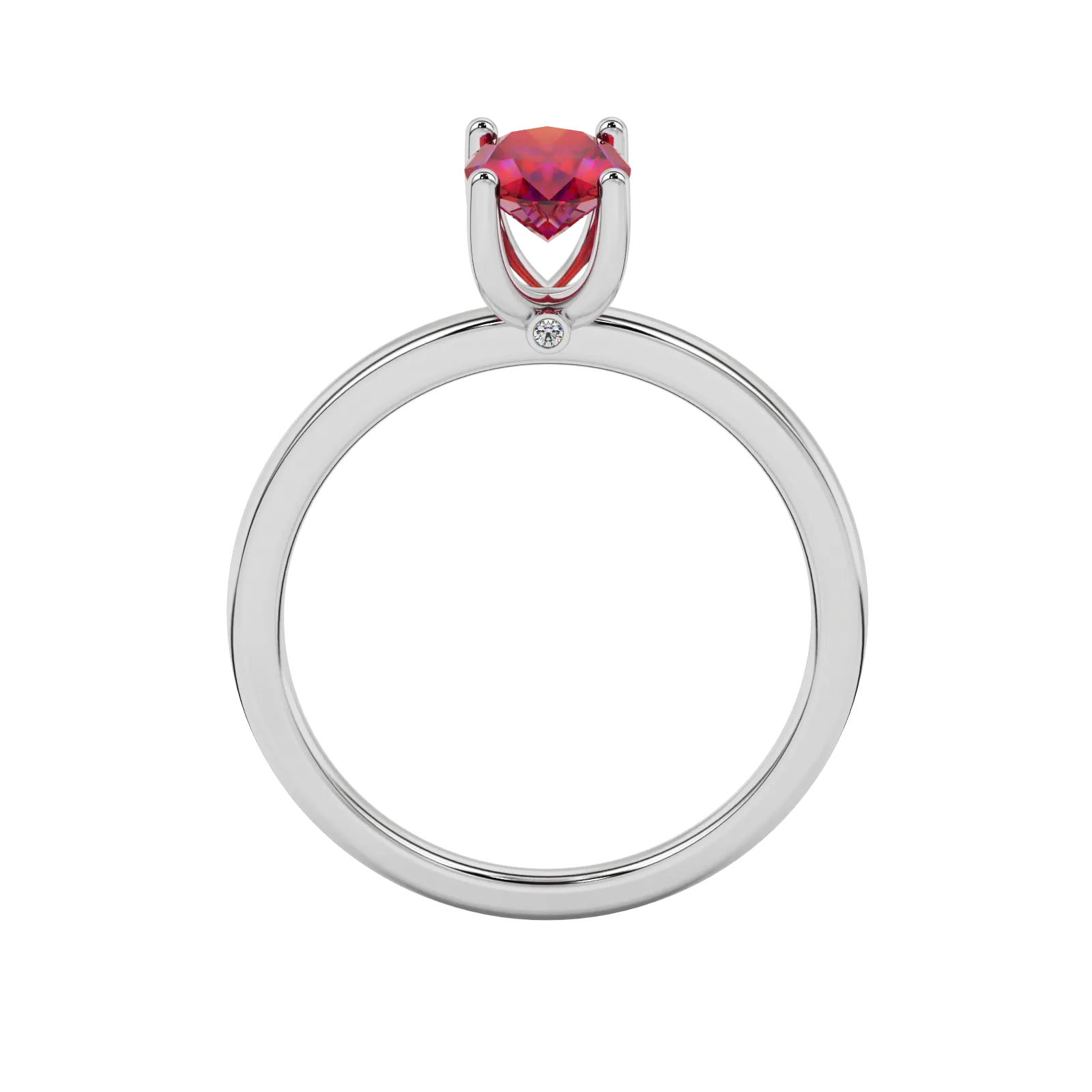 Oval cut raspberry red gemstone ring, white gold surprise diamond setting.