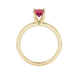 Oval cut raspberry red gemstone ring, yellow gold surprise diamond setting.