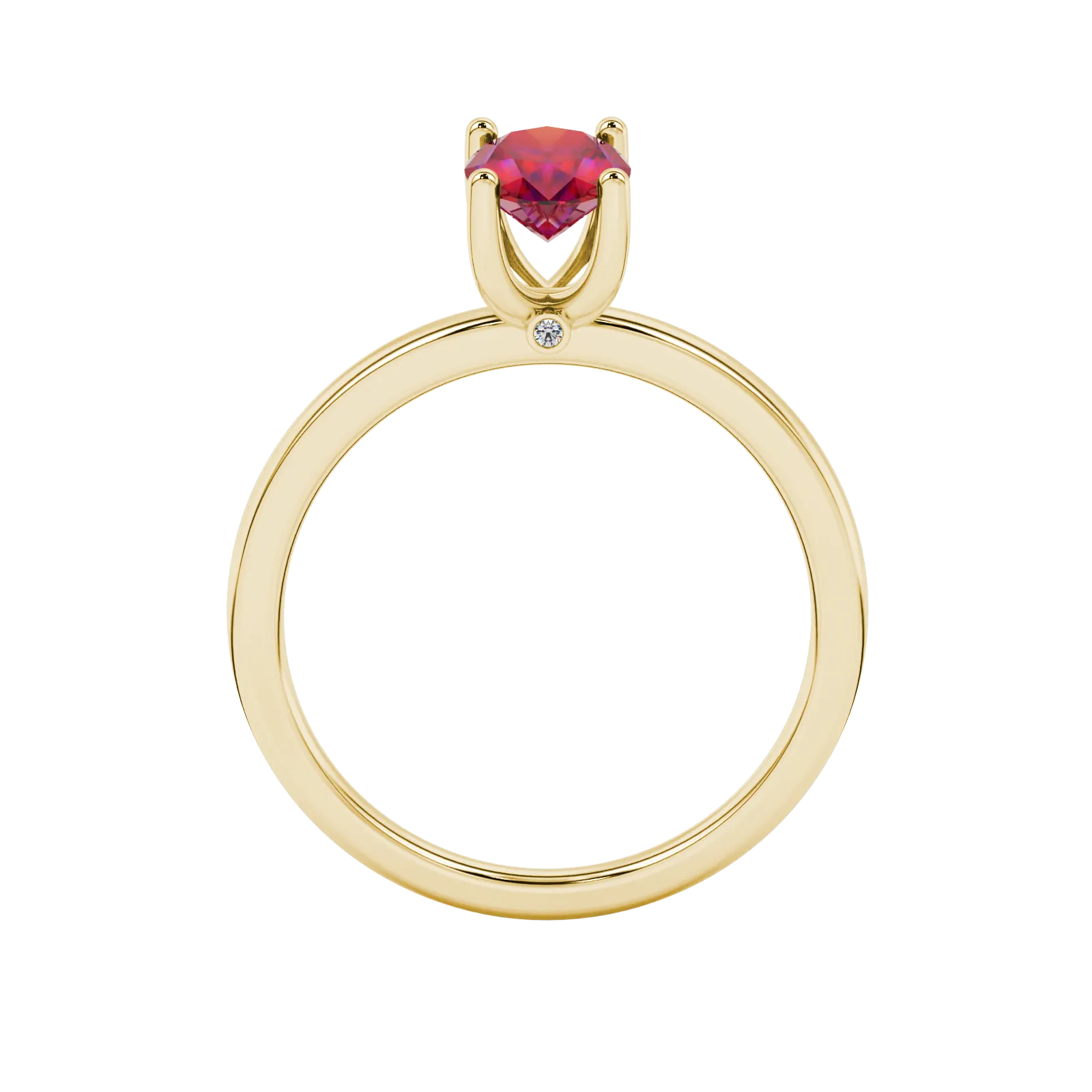 Oval cut raspberry red gemstone ring, yellow gold surprise diamond setting.