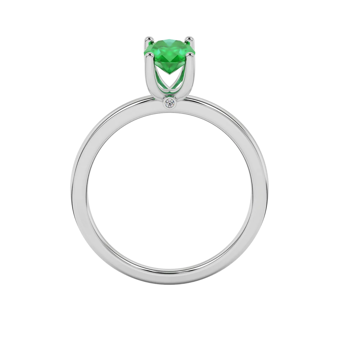 Oval cut emerald green gemstone ring, white gold surprise diamond setting.