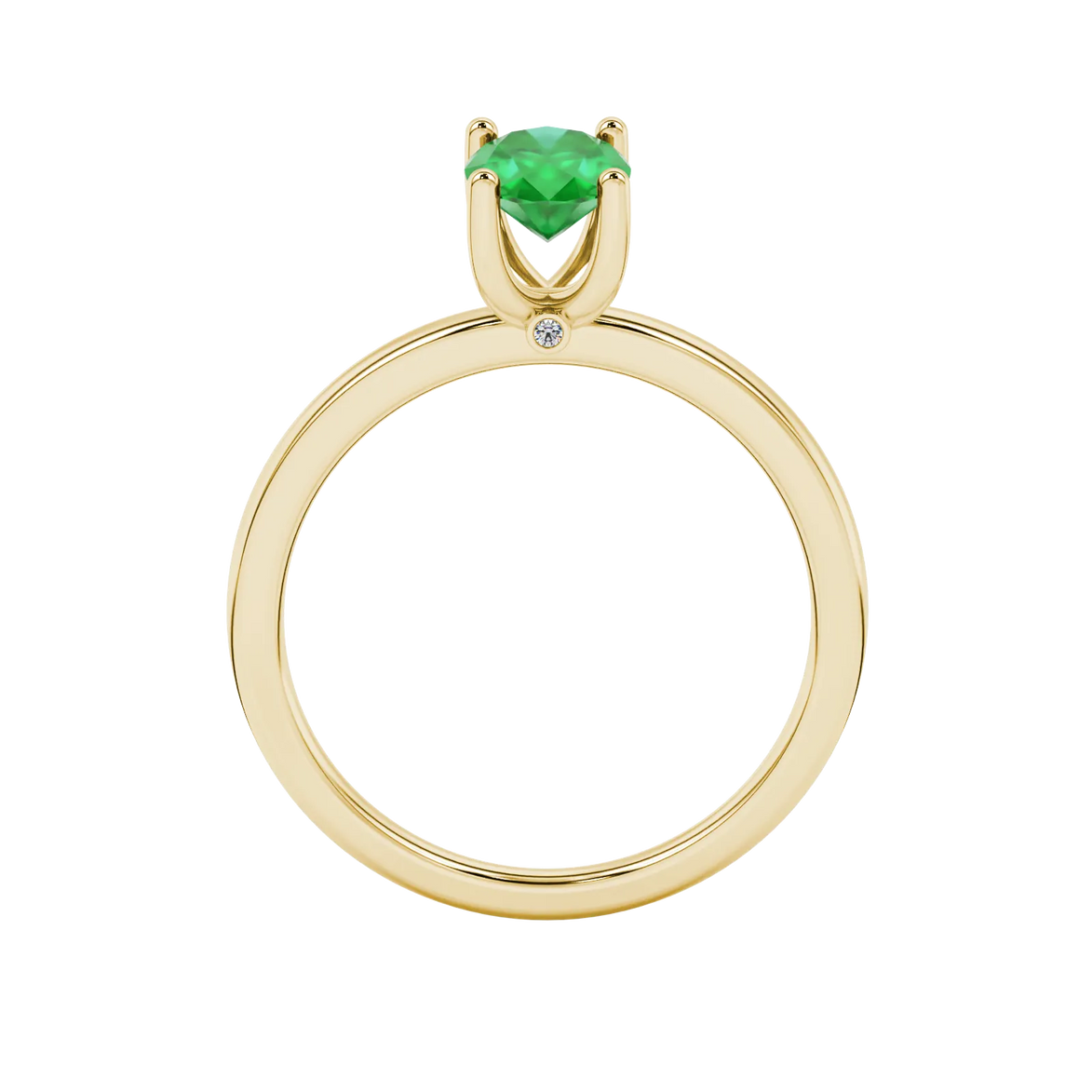 Oval cut emerald green gemstone ring, yellow gold surprise diamond setting.
