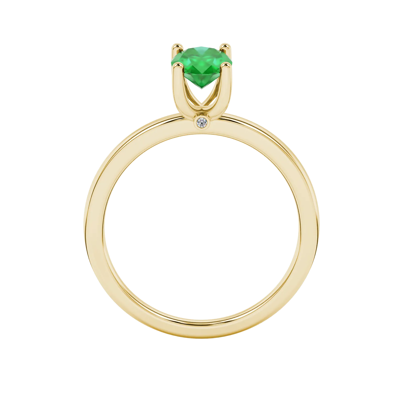 Oval cut emerald green gemstone ring, yellow gold surprise diamond setting.