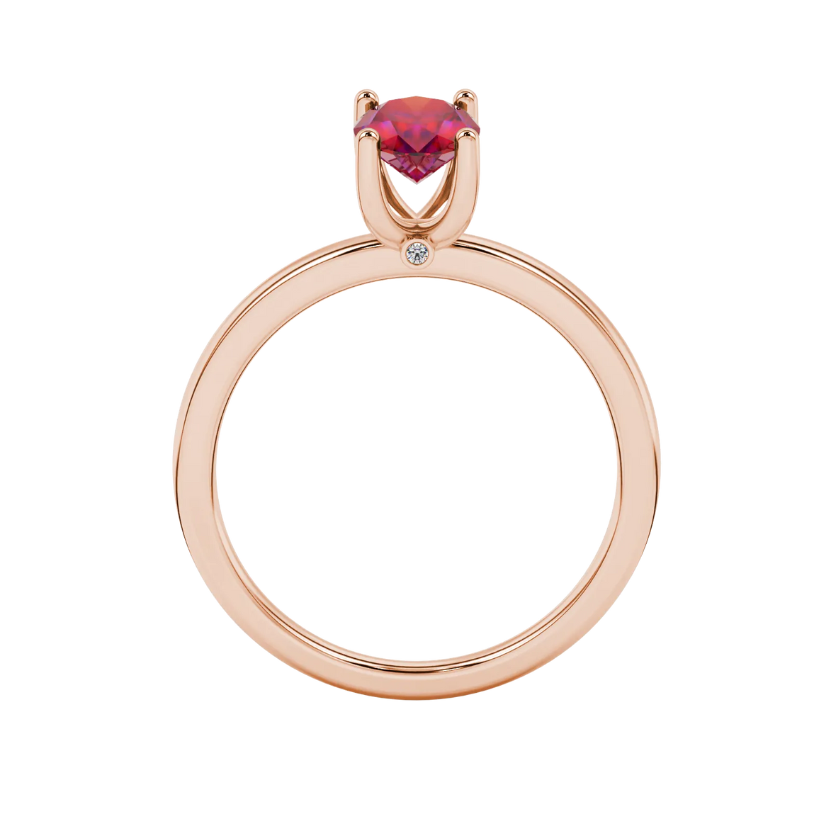 Oval cut raspberry red gemstone ring, rose gold surprise diamond setting.
