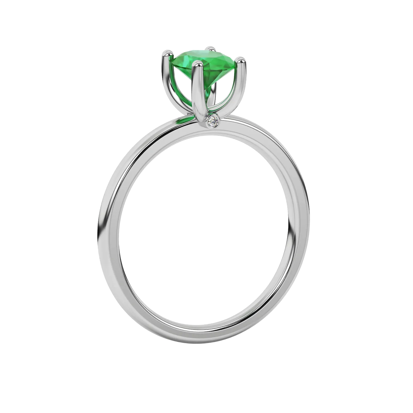 Side profile, white gold emerald green ring, surprise diamond gallery.