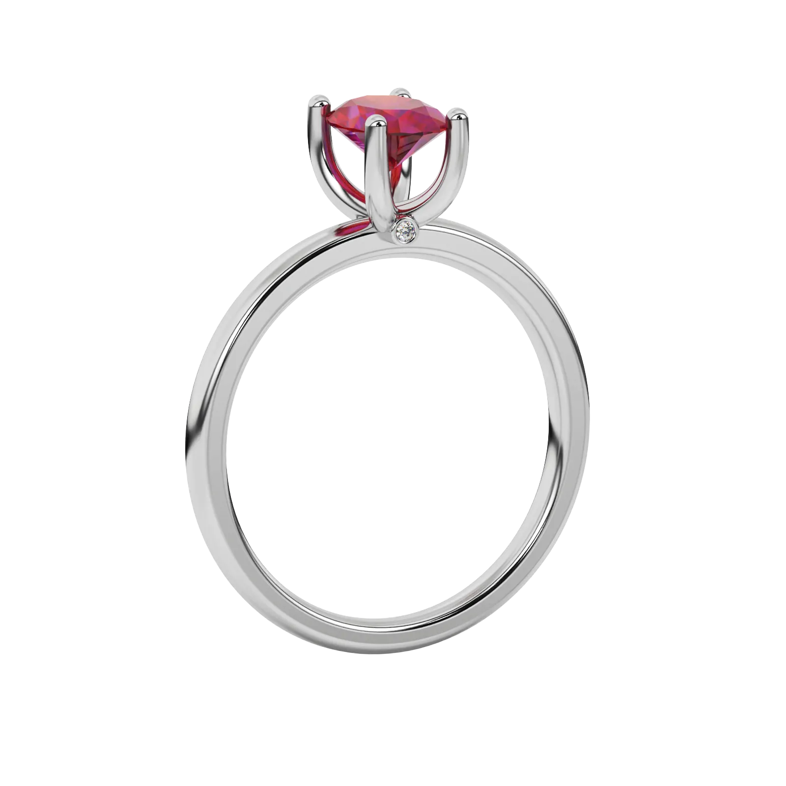 Side profile, white gold raspberry red ring, surprise diamond gallery.