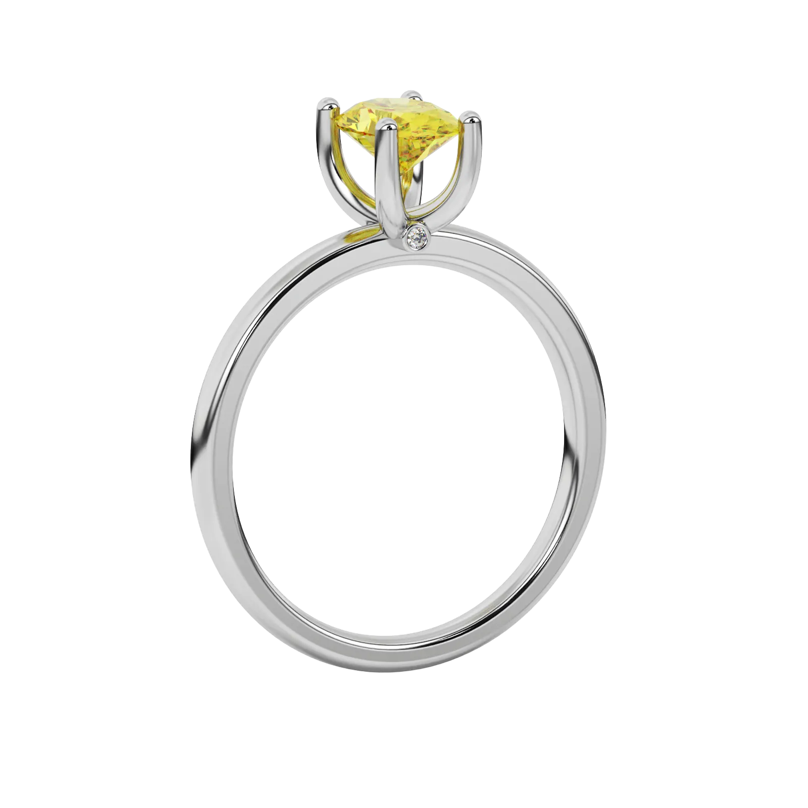 Side profile, white gold canary yellow ring, surprise diamond gallery.