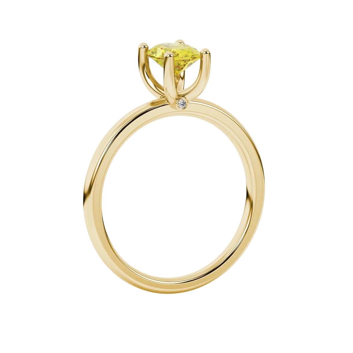 Side profile, yellow gold canary yellow ring, surprise diamond gallery.