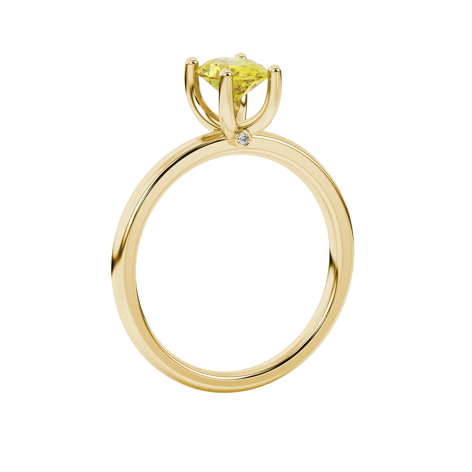 Side profile, yellow gold canary yellow ring, surprise diamond gallery.