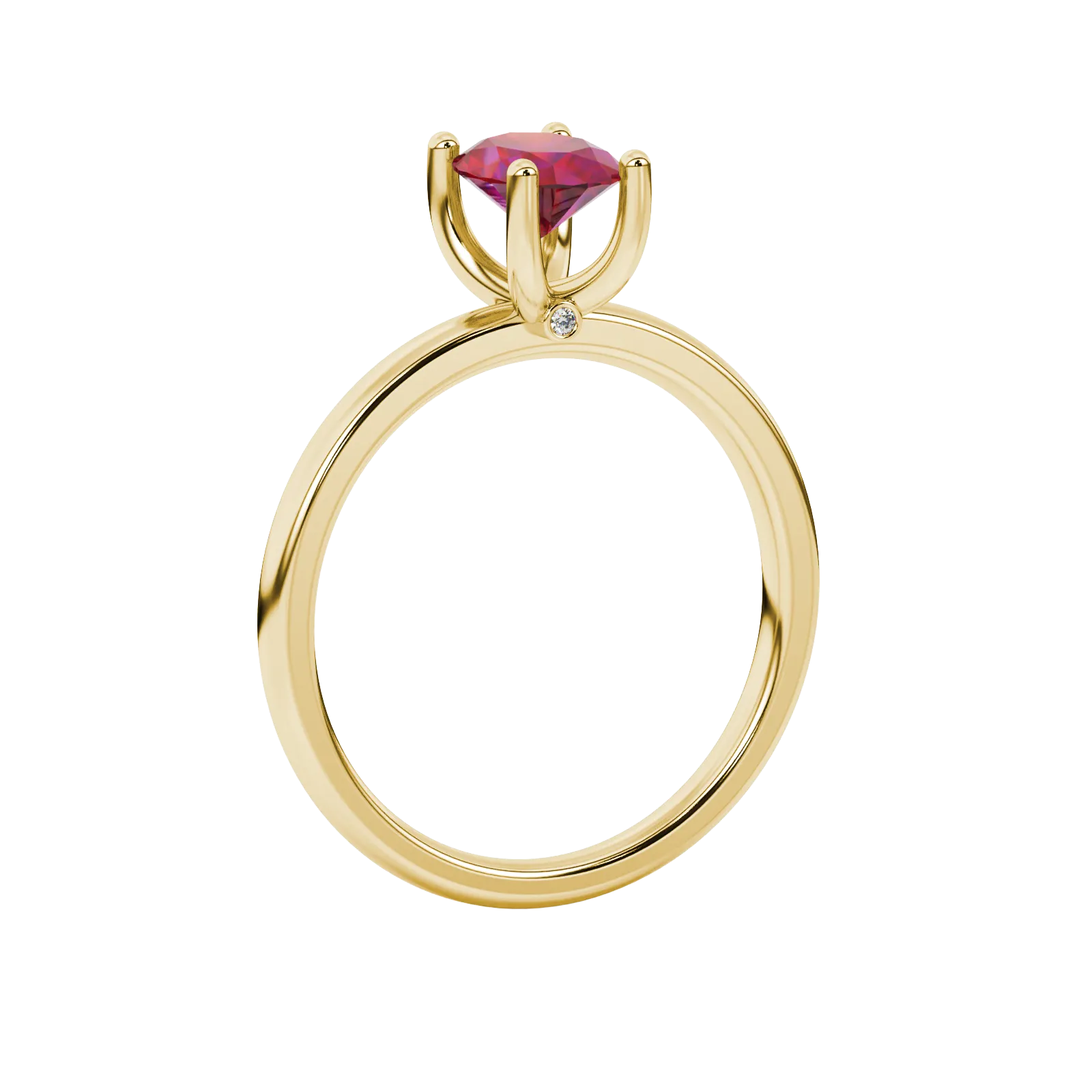 Side profile, yellow gold raspberry red ring, surprise diamond gallery.